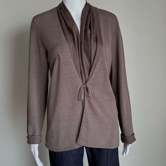 Eileen Fisher Brown Silk Trim Tie Waist Cardigan Sweater - Picture 2 of 11